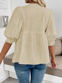 SHEIN LUNE Áo sơ mi cài nút hở nửa cổ dành cho nữ, thời trang cho mùa hè - Màu Khaki - Xem 2