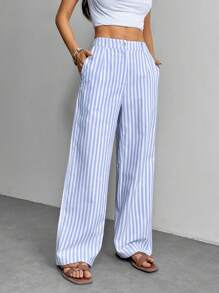SHEIN PETITE Pantaloni dritti a gamba dritta con motivo a strisce H, di moda per l'estate, adatti alle donne
