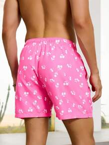 Manfinity Men's Cherry Print Drawstring Waist Pocket Beach Shorts - Pink - View 2