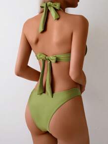 SHEIN Swim 女士休闲金属色纯色露背前扣泳衣套装，适合海滩和度假 - 綠色 - 查看 4
