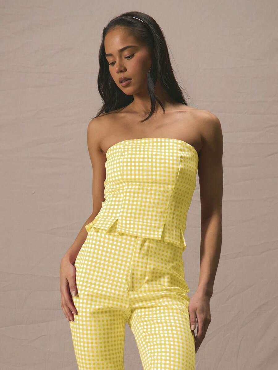 MUSERA 分叉式修身无肩带抹胸上衣（仅上衣）春夏可爱度假90年代性感外出上衣秋季嘉年华节日 - 黃色 - 查看 1