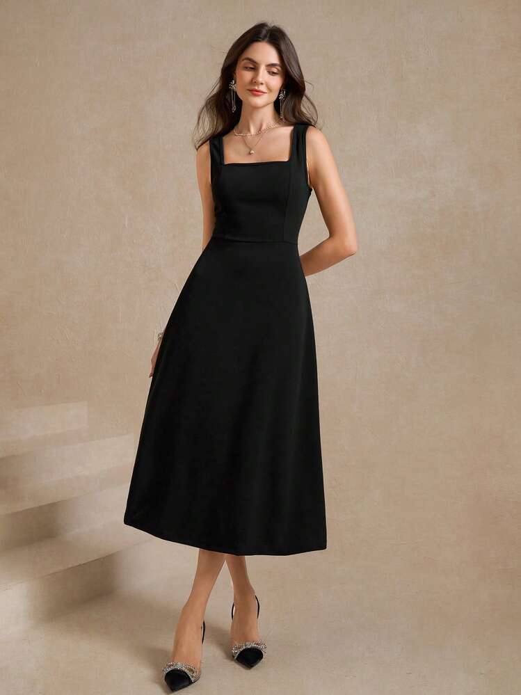 Amorya Ladies" Solid Color Simple And Elegant A-Line Sleeveless Dress For Fashionable SummerFall/Winter Women Clothes Back To School Modest Vintage Old Money Teacher Outfits For Women Airport Beautiful Clothing For Women Black Dress Dress For Wedding Guest Summer Outfit For Women - Black - View 8