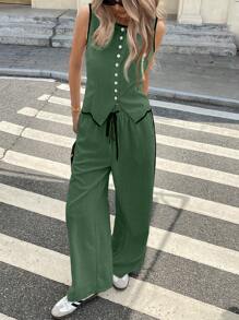 Siren Gaze Set de 2 piezas para mujer: top sin mangas con ribete de contraste y pantalones anchos con cintura con cordón, informal para verano