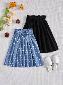 SHEIN Young Girl Loose Fit Casual Polka Dot & Solid Color Skirt 2pcs/Set