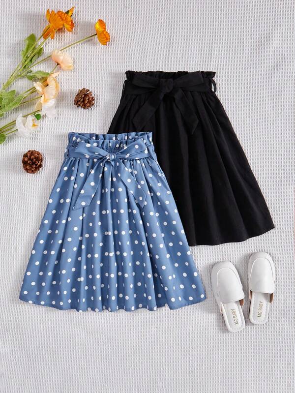 SHEIN Young Girl Loose Fit Casual Polka Dot & Solid Color Skirt 2pcs/Set