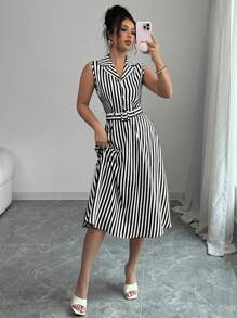 SHEIN PETITE Vestido de mujer elegante a media pierna sin mangas con cintura ceñida y rayas, para primavera/verano