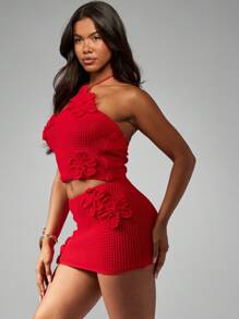 MISSGUIDED 花卉钩编露背吊带短款上衣，适合节日、海滩、夏季度假，钩编毛衣，波西米亚风手工针织，泳池边罩衫，圣诞节 - 紅色 - 查看 6