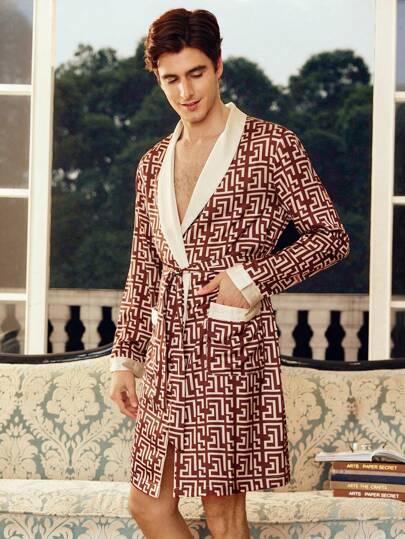 EverLounge Casual Basic Color Houndstooth Geometric Retro Gentleman Men's Bathrobe