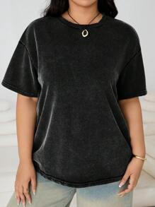 SHEIN EZwear Áo thun tay ngắn dệt kim cổ điển in họa tiết axit rửa cỡ lớn - màu đen - Xem 1