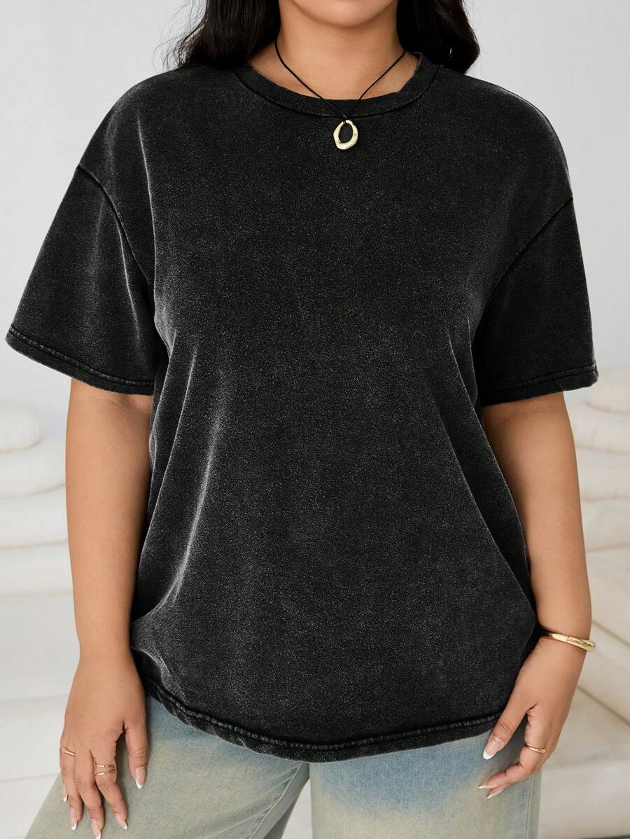 SHEIN EZwear Áo thun tay ngắn dệt kim cổ điển in họa tiết axit rửa cỡ lớn - màu đen - Xem 1