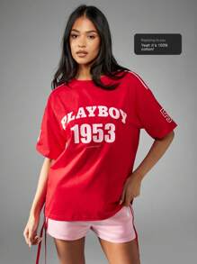 Missguided x Playboy Oversized Athletischer Stil Jubiläums Nummer Statement Street Style Lässig Sommer Baumwollmischung Grafik T-Shirt Mode Sport Urban Streetwear Kollektion Kurzarm Alltags Essentielles T-Shirt - Rot - Übersicht 7