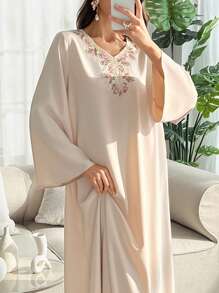 SHEIN Najma Women's Casual Loose Floral Neck Long Modest Dress - Beige - View 5