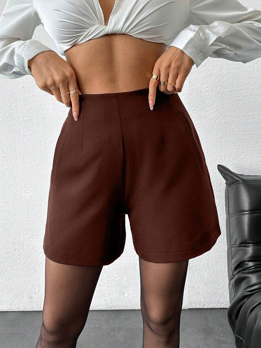 EURMUSE Women Solid Color Mini Shorts, Minimalist And Practical Multi-Purpose - Brown - View 1