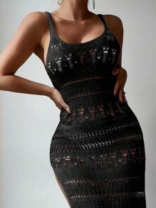 Swim Basics Women's Vacation Solid Color Hollow Out Slip Dress For Summer