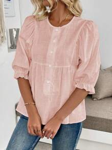SHEIN LUNE Women's Half Open Placket Button Down Blouse, Fashion For Summer - Pink - View 3