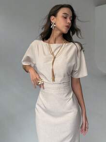 Aloruh New Minimalist Fashion Commuter Batwing Sleeve Slimming Conceal Chest Waist Ruched Dress - Khaki - View 5