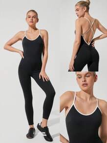 GLOWMODE 24" FeatherFit™-Air Glow Get Em Crossover Straps Butt Scrunch Removable Cups Contrast Color Bodysuit Romper Low-Impact Yoga Pilates Studio Daily Casual Wear