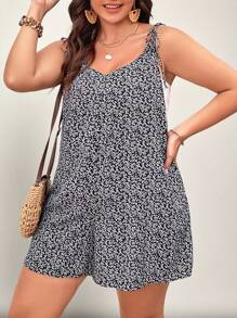SHEIN VCAY Plus Allover Florals Print Tie Shoulder Cami Spring Romper