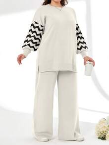 SHEIN Cottnline Striped Color Block Sweater And Pants Two Pieces Set - White - View 5