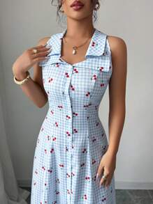 Selianne 无袖条纹波西米亚风度假连衣裙，独特领口，系带腰部，A 字廓形，樱桃纽扣，适合夏季音乐节 - 藍色 - 查看 3