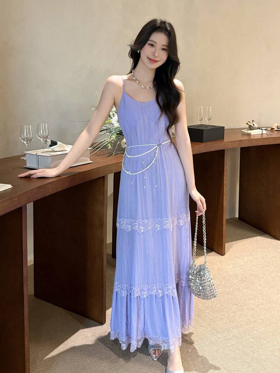 Celisse 女士优雅蕾丝边细肩带长裙，紫色