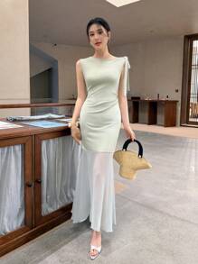 SHEIN LUNE 纯色网纱拼接斜肩系带蝴蝶结优雅女装 - 綠色 - 查看 6