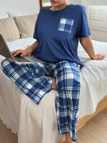 SHEIN Plus Size Women Casual Plaid Pattern Print Top & Pants Pajama Set, Outfits - Blue - View 3