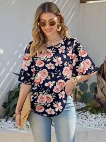 Shutterstock Glamance Maglietta elegante da donna con maniche corte in in rete e motivo floreale, per l'estate - Blu Navy - Visualizzare 5