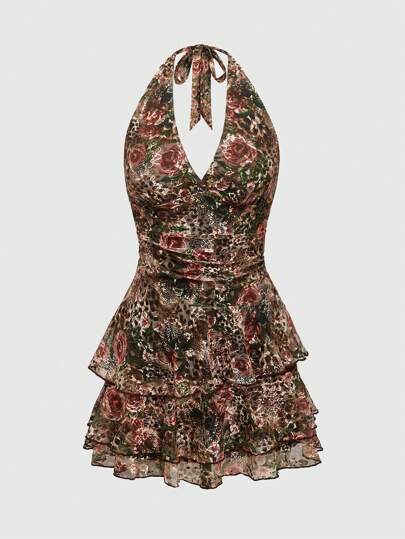 Hippie Retro Boho Vintage Halter Leopard Print Floral Mini Layered Cake Skirt For Women