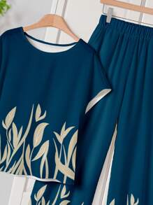 EMERY ROSE 2pcs/Set Women Leaf & Floral Print Bodycon Outfit, Versatile Summer Vacation Wear Suitable For Going Out - Multicolor - View 2