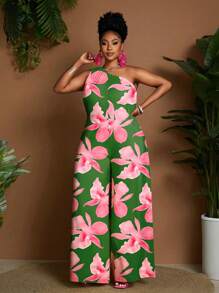 Maweii 加大码女式紫红色秋海棠和绿色数码印花连体裤，时尚性感淑女假日风格，适合日常时尚装扮 - 彩色 - 查看 3