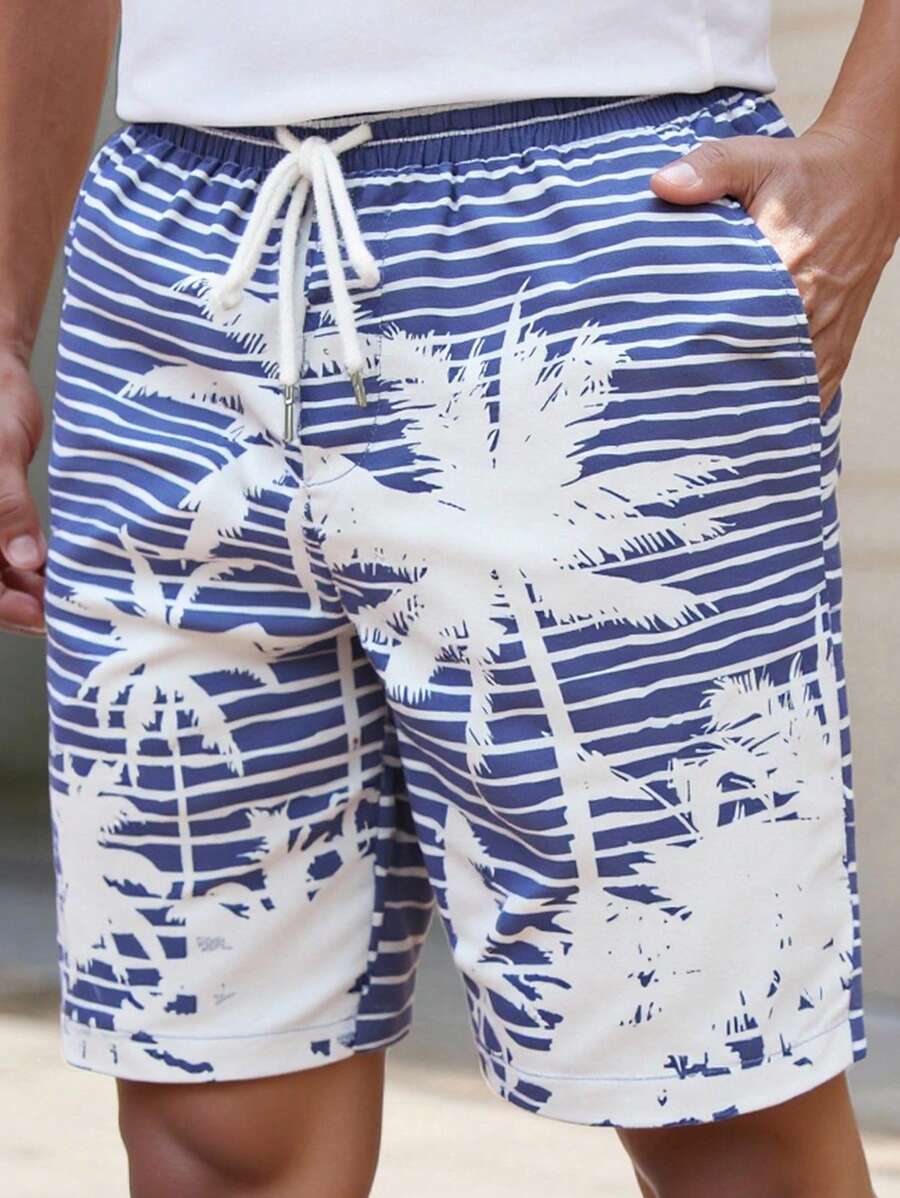 Manfinity VCAY 男士休闲编织棕榈树条纹印花中腰抽绳直筒短裤 - 彩色 - 查看 1