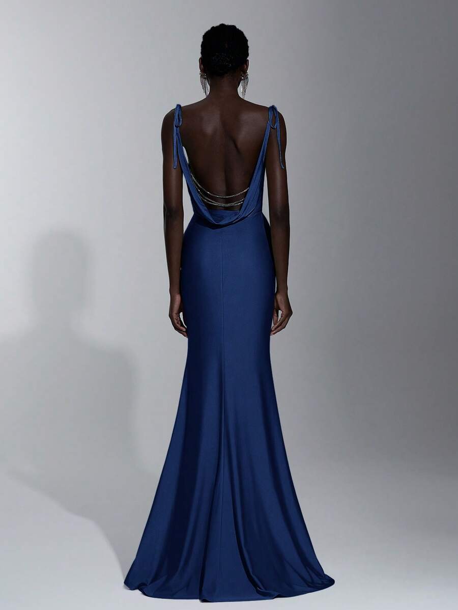 Elitara 优雅的绿色细肩带伴娘礼服，蝴蝶结，露背，水钻，美人鱼轮廓 - 藏蓝色 - 查看 1