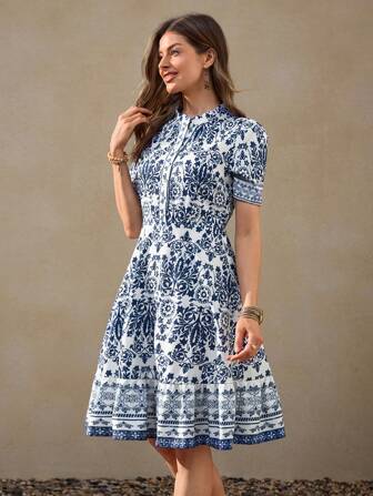 Wildy Bohemian Style Blue & White Porcelain Printed Mid-Long Dress, Summer Vacation Outfits Woman Teacher Outfits For Women ,Boho Clothes Women