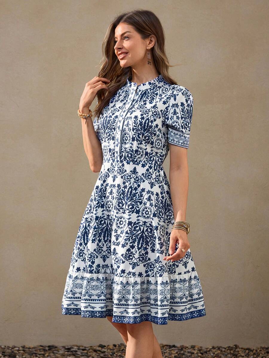 Wildy 波西米亚风青花瓷印花中长连衣裙，夏季