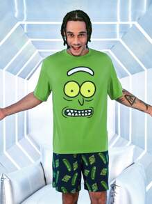 Rick and Morty X SHEIN Conjunto de pijama de camiseta de manga corta de corte holgado con estampado gráfico de dibujos animados divertidos y pantalones cortos para hombre para el verano
