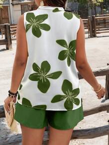 SHEIN Clasi 大码休闲 V 领无袖上衣和短裤两件套，度假风格夏季服装