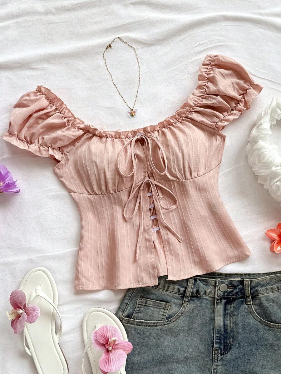 Soleia 纹理系带休闲度假衬衫，时尚前卫 - 粉色 - 查看 1