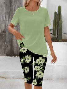 EMERY ROSE 2 piezas Conjunto informal y elegante de mujer con diseño floral y contraste de colores, adecuado para el verano