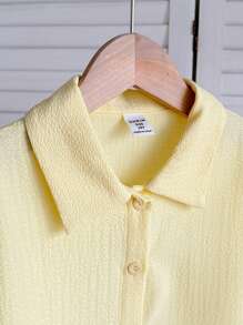 SHEIN Tween Girl Comfortable Textured Solid Color Woven Casual Cropped Shirt Fall Winter - Mustard Yellow - View 7