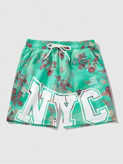 Street Life Men's  Sports Vacation Style Paisley And Letter Graphic Drawstring Waist Side Pockets Shorts