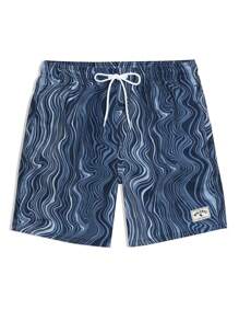Manfinity Swimmode Men's Casual Printed Drawstring Pocket Beach Shorts, Summer - Navy Blue - View 5