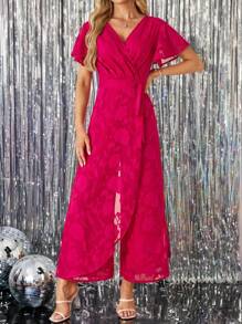 SHEIN Clasi 紫红色激光切割雪纺荷叶边袖连体裤 女士优雅夏季服装 度假服装 商务休闲女装 可爱夏季西装 波西米亚风女装 复活节服装 女士狂欢服装 节日音乐会婚礼宾客礼服 女士婚礼宾客礼服 花卉荷叶边 - 玫紅色 - 查看 5