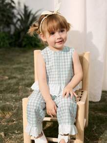 Cozy Pixies 2pcs Baby Girl Sets: Contrast Trim Crew Neck Sleeveless Cardigan Top And Elastic Waist Pants