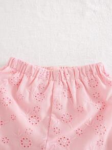 Cozy Pixies Baby Girl Embroidered Hollow Pattern Crew Neck Sleeveless Cardigan Top And Elastic Waist Shorts 2 Pieces Set Baby Girl Clothes Summer Sets 2pc Baby Girl Set Pink Set For Baby Girl Toddler Girl Summer Outfit Baby Girl Eyelet Set