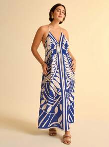 CAJUNI Women Vacation Tropical Boho Blue And White Print Spaghetti Strap Lace Up Casual Beach Summer Maxi Dress - Blue and White - View 1