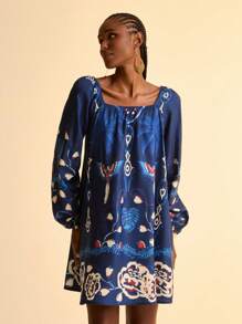 CAJUNI Vestido corto informal de manga farol de manga larga y línea A con estampado retro de pájaros tropicales y plantas en azul marino para mujeres