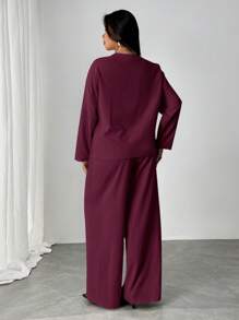 Firerie Plus Size Elegant Business Casual Two Pieces Set: Loose Tie-Front Blouse & High-Waist Relaxed Fit Pants, Suitable For Commute, Work, Afternoon Tea, Dates, Concerts, Parties, Vacation,Business Casual Woman