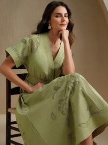 Anewsta Vestido elegante con escote en V, manga corta y bordado calado para mujer