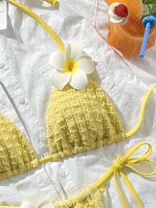 Swim Mod-D 2pcs Solid Color Textured Floral Decor Halter Bra And Tie Side Swim Trunks Sexy Yellow Bikini Set For Summer Holiday - Multicolor - View 5